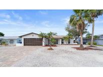Charming single-story home with a well-manicured lawn and a brown two-car garage at 1024 Spindle Palm Way, Apollo Beach, FL 33572