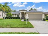 Charming single-story home with a well-manicured lawn, lush landscaping, and a two-car garage at 1033 Ashbourne Cir, Trinity, FL 34655