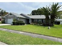 Charming single-story home featuring a well-manicured lawn and beautiful landscaping, including mature palm trees at 13316 Brigham Ln, Hudson, FL 34667