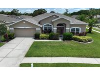 Charming single-story home with manicured lawn, mature landscaping, and a two-car garage at 22316 Red Jacket Ln, Land O Lakes, FL 34639