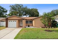 Charming single-story home featuring a well-manicured lawn and inviting curb appeal, complete with an attached garage at 2887 Cathy Ln, Clearwater, FL 33760