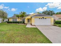 Charming yellow single-story home with a well-manicured lawn and a two-car garage at 4125 Mc Clung Dr, New Port Richey, FL 34653