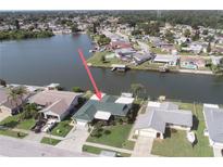 Waterfront home featuring lush landscaping, private boat dock, and serene lake views from an elevated perspective at 3140 Jackson Dr, Holiday, FL 34691