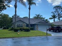 Charming single-story home with stone accents, a well-manicured lawn, and mature palm trees at 10301 Ravines Dr, New Port Richey, FL 34654