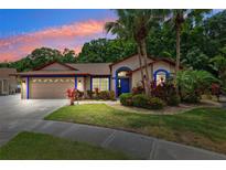 Charming single-story home featuring lush landscaping, a two-car garage, and a vibrant blue trim at 6505 Broadwing Ct, Tampa, FL 33625