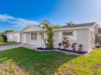 Charming single-story home with a well-manicured lawn and a beautifully landscaped garden bed at 10029 Freestone Ln, Port Richey, FL 34668