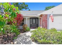 Charming home featuring a black front door with decorative glass and beautiful landscaping at 1265 Royal Oak Dr, Dunedin, FL 34698