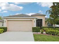 Charming single-story home featuring a two-car garage, manicured lawn, and tasteful landscaping at 18530 Dobson Dr, Hudson, FL 34667
