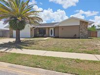 Charming single-story home featuring a lush palm tree, stone accents, and an attached two-car garage at 6932 Pin Cherry Ln, Port Richey, FL 34668