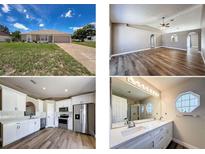 Real estate collage showcasing the exterior, living area, kitchen, and bathroom at 10124 Heathcliff St, Spring Hill, FL 34608