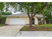 Charming single-story home with a well-maintained lawn, mature trees, and a two-car garage at 1131 Bentley Ave, Spring Hill, FL 34608