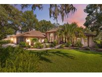 Inviting exterior with a well-manicured lawn and lush landscaping surrounding the pink stucco and brick home at 12295 Clarendon Ct, Spring Hill, FL 34609