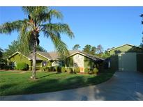 Charming single-story home with lush green lawn, mature landscaping, and detached garage at 7550 Jomel Dr, Weeki Wachee, FL 34607