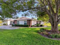 Charming single-story home boasts a lush lawn, manicured landscaping, and mature tree providing ample shade at 8130 Bugle Ct # 3, Port Richey, FL 34668