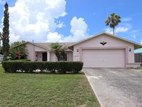 Charming single-story home features a well-manicured lawn, complemented by mature trees and shrubs for enhanced curb appeal at 9056 Horizon Dr, Spring Hill, FL 34608