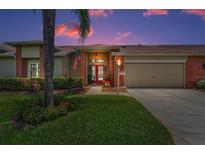 Charming single-story home with a red front door, well-manicured lawn, and an attached two-car garage at 1009 Almondwood Dr, Trinity, FL 34655