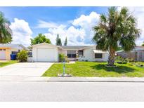 Charming single-story home featuring a one-car garage, mature landscaping, and a well-manicured lawn at 9134 Crabtree Ln, Port Richey, FL 34668