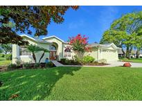 Charming single-story home featuring a well-manicured lawn, lush landscaping, and a welcoming entrance with red doors at 14178 Pullman Dr, Spring Hill, FL 34609