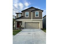 Inviting two-story home featuring a neutral color palette, a two-car garage, and a well-maintained front yard at 22289 Nebula Way, Land O Lakes, FL 34637