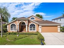 Stunning single Gathering home with a well-manicured lawn, large arched windows, and a two-car garage in a suburban neighborhood at 1831 Cardamon Dr, Trinity, FL 34655