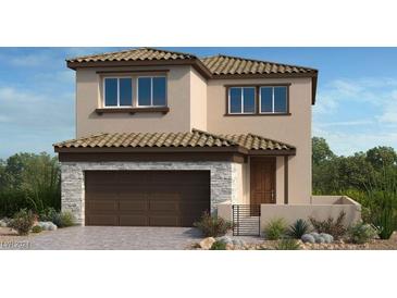 Two story home with a brown door and stone accents at 92 Via Franello, Henderson, NV 89011