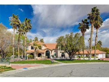 Stunning Spanish-style home with a large front yard, mature palm trees, and a long driveway at 3734 Mahalo Cir, Logandale, NV 89021