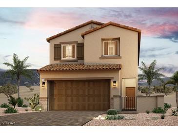 Two-story house with brown garage door, Spanish tile roof, and desert landscaping at 8801 Faxom St, Las Vegas, NV 89166