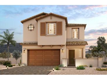 Two-story house with brown garage door and Spanish-style tile roof at 10656 Adeno Ave, Las Vegas, NV 89166