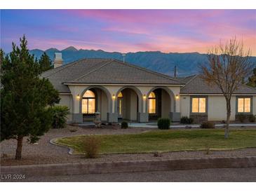 Single-story house with arched entryway, landscaped yard, and mountain views at 1981 Labrador St, Pahrump, NV 89048