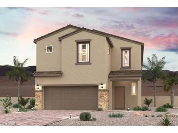 Two-story house with a two-car garage, stone accents, and desert landscaping at 9849 Lost Horse Ave, Las Vegas, NV 89178