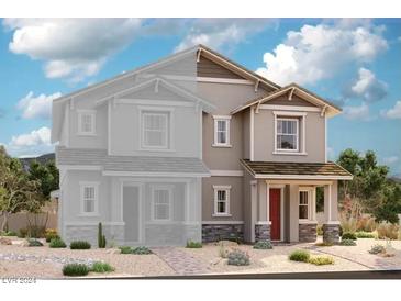 Two-story home with gray siding, red door, and landscaping at 864 Cottonwood Hill Pl, Henderson, NV 89011