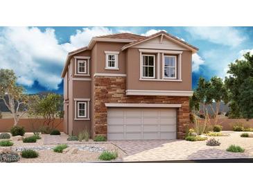 Two-story house with stone accents and a two-car garage at 3220 Codnor Park Dr, North Las Vegas, NV 89081