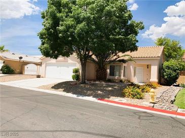 Single-story house with a white garage door and landscaped front yard at 7213 Robins Roost St, Las Vegas, NV 89131