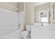 Clean bathroom with a shower/tub combo, toilet and vanity at 852 Bussora Rose Dr, Henderson, NV 89015