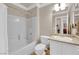 Clean bathroom with shower/tub combo and white vanity at 5053 Vincitor St, Las Vegas, NV 89135