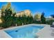 Tranquil backyard pool with a Baja shelf, lush landscaping, and a pool cleaner at 9660 Hiking Ave, Las Vegas, NV 89166