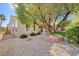 Landscaped backyard with gravel, a large tree, and a fence at 10236 Rio De Thule Ln, Las Vegas, NV 89135