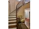 Elegant curved staircase with dark wood and iron railings at 2071 Solvang Mill Dr, Las Vegas, NV 89135