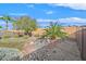 Desert landscaped backyard with palm trees, shrubs, rocks, and a fence at 2591 Moonlight Valley Ave, Henderson, NV 89044