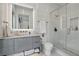 Stylish bathroom with gray vanity, a toilet and a glass shower at 667 Palisade Rim Dr, Henderson, NV 89012