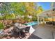 Lush backyard oasis with a pool, patio, and dining area at 1732 Double Arch Ct, Las Vegas, NV 89128