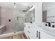 Modern bathroom with double vanity, large shower, and stylish fixtures at 4104 Browndeer Cir, Las Vegas, NV 89129