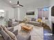 Virtually staged living room with gray sofas and a coffee table at 1658 Garden Path Ct, Las Vegas, NV 89119