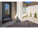 Modern front door with glass panels and a welcoming brick walkway at 10331 Thunder Peak St, Las Vegas, NV 89178