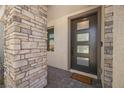 Modern dark brown front door with glass panels and stonework at 5453 Meadow Star Ave, Las Vegas, NV 89141