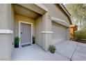 Front entrance of a house with gray door and two potted plants at 1153 Pine Cove Ct, Henderson, NV 89011