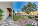 Front entrance with a brown door and a paved walkway, landscaping at 9303 Ettrick Ct, Las Vegas, NV 89178