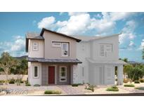 Two-story modern home with red door and desert landscaping at 918 Cottonwood Hill Pl, Henderson, NV 89011