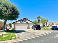Two-car garage with driveway and mature landscaping at 1458 Palm Dr, Laughlin, NV 89029