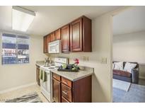 Galley kitchen with dark wood cabinets and white appliances at 5185 Indian River Dr # 225, Las Vegas, NV 89103